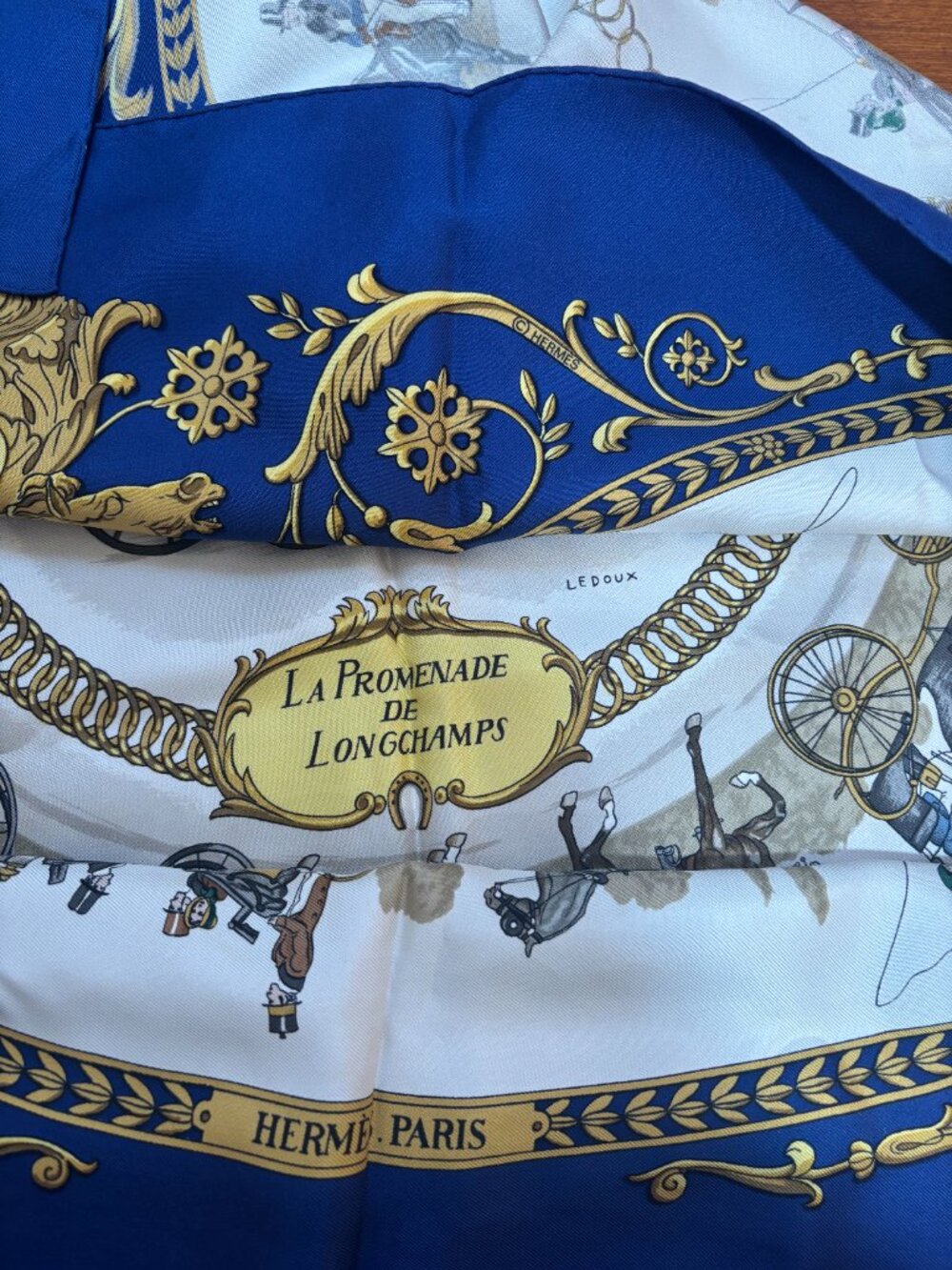 Authentic HERMES Carre 90 Scarf "LA PROMENADE DE LONGCHAMPS" Silk Blue - Picture 6 of 8